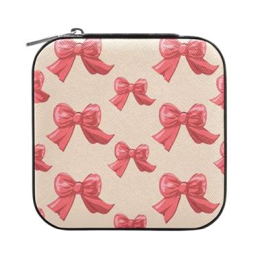 Imagem de SEHANY Caixa de joias personalizada com laço rosa para mulheres, meninas, mini estojo de joias de couro PU, organizador de joias de viagem, caixa de joias para brincos, anéis, colares, presentes para