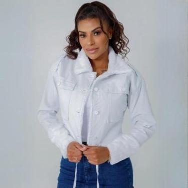 Imagem de Jaqueta Cropped Feminina Sarja Forrada Repele Líquido Gola Alta Peluciado Bolso Frontal-Feminino