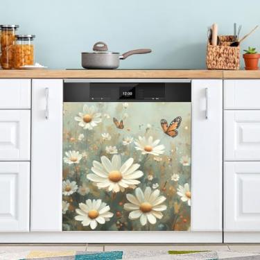 Imagem de ATTX Capa de ímã de aquarela prado margaridas para lava-louças, 58,4 cm C x 66 cm A decoração da capa da máquina de lavar louça, decalques de armário doméstico eletrodomésticos adesivos #204