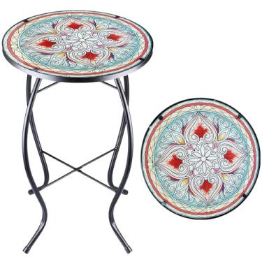 Imagem de Arbuxzuy Mesa Lateral de Mosaico, Mesa de Centro com Detalhes em Mosaico, Mesa de Canto Pequena com Flores Rosa para Ambientes Internos e Varanda, Redonda, Pequena Varanda, 35,5 cm