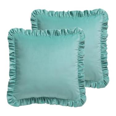 Imagem de bilin gaier Capas de almofada de designer para sofá 56 x 56 cm, capa de travesseiro lombar durável de veludo macio verde lago com babados, fronhas decorativas de fazenda para cama, sala de estar