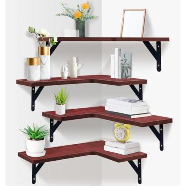 Imagem de PUREZON Conjunto de 4 prateleiras flutuantes de canto, prateleiras de parede de canto, prateleira de parede de madeira rústica para decoração de casa, sala de estar, quarto, cozinha, banheiro