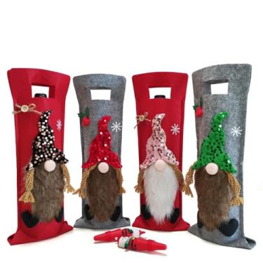 Imagem de ORANGAROOS Sacos de vinho de Natal, 4 peças de sacos de presente de vinho de Natal não tecidos e 2 peças de rolhas de vinho - designs fofos de gnomo de elfo