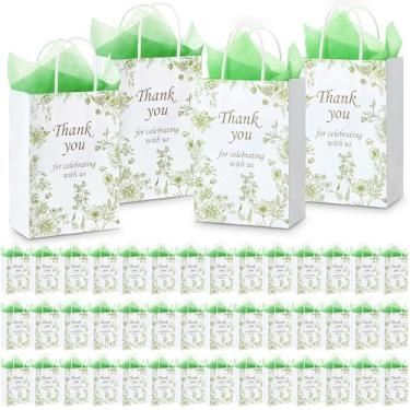 Imagem de Tenceur 60 peças de sacos de presente florais verdes a granel para presente de casamento com papel de seda para lembrancinhas de festa sacos de agradecimento 15 x 8,2 x 21 cm com alça para casamentos