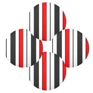 Imagem de Wassud Jogo americano conjunto de 4 tapetes redondos com listras pretas e vermelhas para cozinha e jantar, tapetes laváveis e resistentes ao calor, decoração de mesa 39 cm