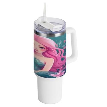 Imagem de Kigai Copo de 1,134 g com tampa e canudo, linda sereia menina à prova de vazamento durável copo isolado de aço inoxidável com alça, garrafas de água à prova de derramamento para viagens
