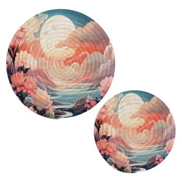 Imagem de Wassud Conjunto de trivet de nuvens brancas de céu rosa para pratos quentes, suportes de panela redondos, almofadas quentes de algodão, porta-copos elegantes, decoração de cozinha e acessórios, 2