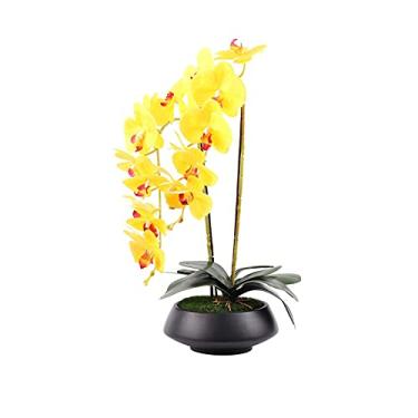 Imagem de LMJYU Bonsai de orquídea de seda falsa amarela com flores artificiais, Phaleanopsis com vaso de cerâmica preta, orquídea artificial para casa (uma cor pequena)
