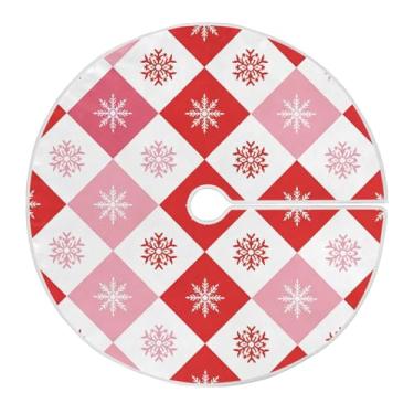 Imagem de Wassud Saia para árvore de Natal, flocos de neve, xadrez vermelho e branco, enfeites de Natal, tapete de árvore pequena para decoração de festa de ano novo, 91 cm