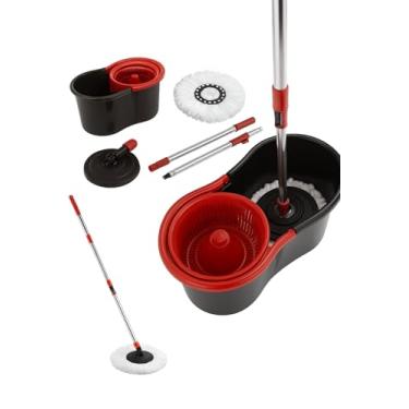 Imagem de Esfregão Mop Giratório 360 Cabo Inox Ajustável, Refil 100% Microfibra Lavável Balde 8L. Ideal para limpeza de pisos frios, sintéticos e madeira. Alça flexível e rodinhas que facilitam seu manuseio