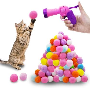 Imagem de Andiker Lançador de bolas para gatos, 100 peças de pelúcia coloridas de 3 cm para gatos com pompom, brinquedos para gatos interativos para gatos internos para manter a forma, brinquedo de Natal para