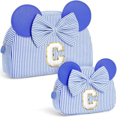 Imagem de QLOVEA Presentes de Natal para netos, bolsa de cosméticos inicial, bolsa de maquiagem de viagem, presentes de aniversário personalizados para crianças, Azul