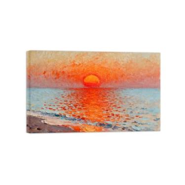 Imagem de Tela de paisagem de arte de parede - Mar Vermelho Sol - Impressão de pintura de decoração moderna para sala de estar pronta para pendurar 40 x 65 cm 16 x 26 pol. Tela embrulhada