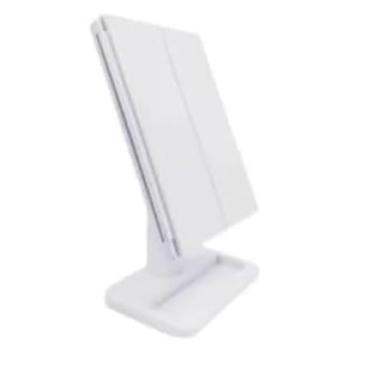 Imagem de Espelho de Maquiagem Triplo com LED, Dobrável, Branco, Plástico ABS, 31,5x13,5x18,5cm, Iluminação Ajustável, Rotação 180°, com Cabo USB