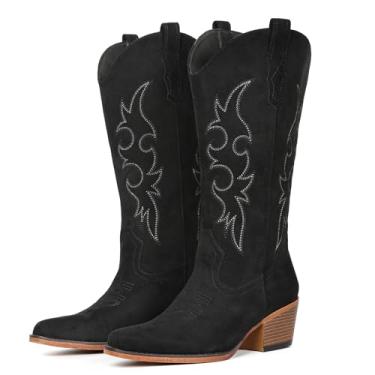 Imagem de IUV Botas de cowboy femininas Western Cowgirl, cano médio, bico curto, salto grosso, Camurça preta, 36