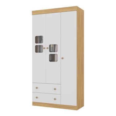 Imagem de Guarda-roupa Infantil 92cm Com Vidro 3 Portas E 2 Gavetas Brisa Multimóveis MP4425 Madeirado/branco