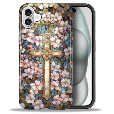 Imagem de ANLUN STORE Capa para iPhone 16, proteção dupla híbrida TPU macio + PC rígido à prova de choque, capa protetora antiarranhões e fina para homens e mulheres - design floral com cruz cristã e flores