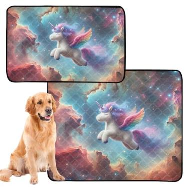 Imagem de Tapete para animais de estimação com nebulosa de unicórnio fofo para gatos, tapetes laváveis para xixi, cães, antiderrapante, impermeável, tapete absorvente para parto, médio + grande, conjunto de 2