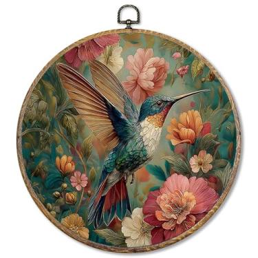 Imagem de Sufamb Decoração de parede redonda floral beija-flor vintage, arte em tela de beija-flor emoldurada, estampa de pássaros botânicos de flores retrô para decoração de casa, quarto, sala de estar, 25 x