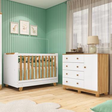 Imagem de Quarto de Bebê com Cômoda 1 Porta e Berço 4 em 1 Minicama em MDF - Branco Brilho/Amendoa