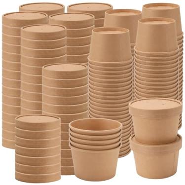 Imagem de ZEONHAK Recipientes de sopa de papel Kraft de 227 g com tampas ventiladas (pacote com 100), tigelas de sopa quente descartáveis, copos de sorvete para viagem, recipientes de lanche para restaurantes