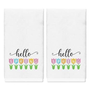 Imagem de Whaline Hello Spring Toalhas de Mão Tulipa Flor Bordado Algodão Toalha de Banho Primavera Floral Absorvente Toalha de Banho para Cozinha Secagem de Louça Limpeza Cozinhar, 75 x 34 cm, 2 peças