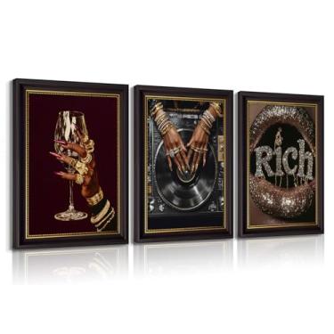 Imagem de 3 peças de arte de parede em tela toca-discos de DJ com tema dourado decoração elegante de mulher negra com roupa de ouro e diamante impressão de pôster ideal para amantes de música decorando estúdios