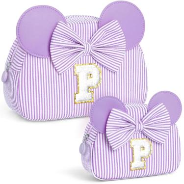 Imagem de QLOVEA Presentes de Natal para netos, bolsa de cosméticos inicial, bolsa de maquiagem de viagem, presentes de aniversário personalizados para crianças, Roxa