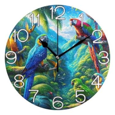 Imagem de GAIGEO Relógio de parede decorativo analógico para sala de aula, relógio de escritório, operado por bateria, decoração de parede art déco moderna retrô, estampa de papagaios coloridos, 25 cm