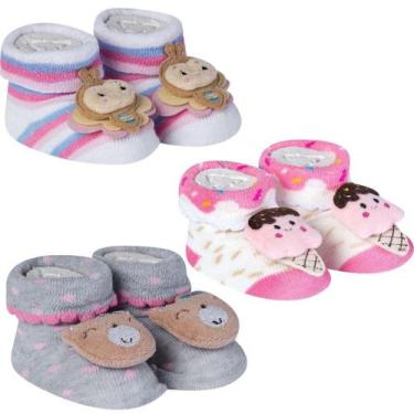 Imagem de 3 Meias Bebê Pantufa Recém Nascido Menina Algodão Confortável Divertid