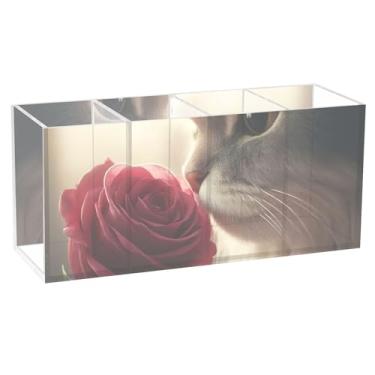 Imagem de TSENQUE Porta-lápis de mesa colorido personalizado fofo gato rosa flor artesanato lápis acrílico pincel copo de maquiagem