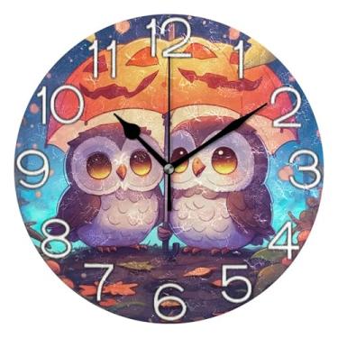 Imagem de GAIGEO Relógio de parede decorativo analógico operado por bateria relógio de cozinha fofo, decoração de parede vintage sala de estar lindas corujas engraçadas, abóbora, 25 cm, ponteiros pretos