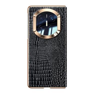 Imagem de POYUFRG Capa galvanizada para Huawei Mate X7, capa de couro genuíno com estampa de crocodilo empresarial leve e luxuosa, capa flip para janela de visualização inteligente, preta, Mate X7