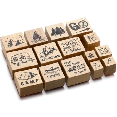 Imagem de Chivertion Conjunto de 15 carimbos de borracha para acampamento, em forma de acampamento, de madeira, conjunto de selos fofos para decoração de artesanato e scrapbook faça você mesmo para fazer