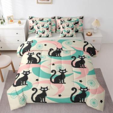 Imagem de Erosebridal Conjunto de edredom de gato de meados do século com lençol de solteiro, desenho fofo de gato, para quarto de crianças, meninas, meninos, adultos, boêmio, geométrico, abstrato, em uma bolsa