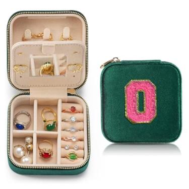 Imagem de HKDSGF Caixa de joias de viagem de veludo personalizada para mulheres anel colar brinco suporte organizador com espelho caixa verde meninas presentes de aniversário mãe inicial O