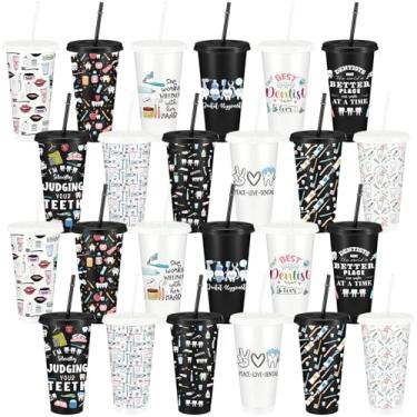Imagem de Willinglong 24 peças de copos de plástico a granel para presentes dentários com tampas e canudos 680 g, caneca de café gelado, copos reutilizáveis para dentista, assistente dentário, formatura