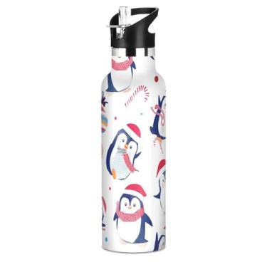 Imagem de Garrafas de água de aço inoxidável isoladas de 590 ml com tampa de palha, pinguins de Natal, garrafa de água branca para meninos, meninas, copos de viagem para crianças, à prova de vazamento, parede