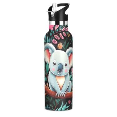 Imagem de Garrafas de água infantis de aço inoxidável de 590 ml com tampa de palha, coalas fofas flores coloridas com folhas, garrafas de água escolares isoladas com alça, copos de viagem infantis sem BPA