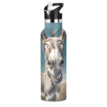 Imagem de Joisal Garrafa de água isolada de aço inoxidável de 590 ml com tampa de canudo para bebidas frias ou quentes, copos infantis engraçados à prova de vazamento de burro livre de BPA para meninos e