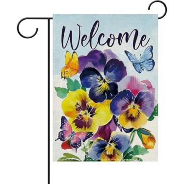 Imagem de Dyrenson Bem-vindo primavera verão flor de amor-perfeito bandeira de jardim, aquarela floral borboleta jardim botânico fora decoração de casa, serapilheira sazonal ao ar livre pequena decoração dupla