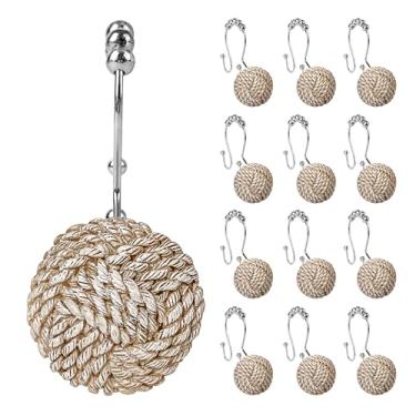 Imagem de Sunlit Boho Knots Ganchos de cortina de chuveiro duplos, anéis decorativos de cortina de chuveiro para banheiro, cabides de cortina de chuveiro náuticos à beira-mar, acessórios de banheiro, conjunto