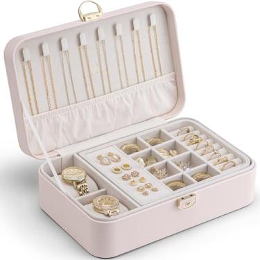 Imagem de Vlando Caixa de joias de 2 camadas, organizador de joias, organizador de brincos com trava, bandeja de joias removível com almofada de relógio para pulseiras de anel de pescoço - rosa damasco