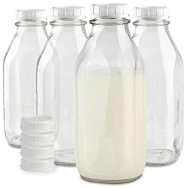 Imagem de Stock Your Home Garrafa de leite de vidro com tampa (pacote com 4) jarros de 946 ml e 8 tampas brancas, recipiente reutilizável de grau alimentício para geladeira, suco, aveia ou leite, água, mel