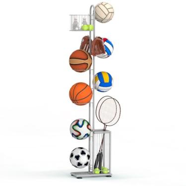 Imagem de Tuenort Rack de armazenamento de bola de basquete de 7 níveis, suporte de basquete independente para armazenamento de bolas de garagem, organizador esportivo com cesta para vôlei, futebol, basquete