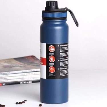 Imagem de Garrafa Térmica Esportiva de Aço Inox, 800ml, Parede Dupla Isolada a Vácuo, Antivazamento com Alça, para Academia, Fitness, Corrida, Escritório (Azul)