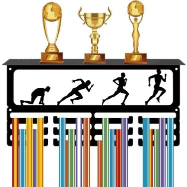 Imagem de CREATCABIN Suporte de troféu de corrida com suporte de medalha de corredor com prateleira suporte de parede esportivo de metal ferro suporte de parede 60+ medalhas prêmios fitas organizador rack com