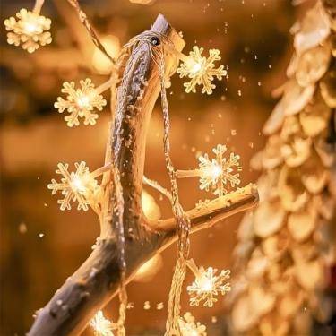 Imagem de Luzes de Natal com cordão de floco de neve, 20 LEDs, impermeável, floco de neve, luzes de fadas para ambientes internos e externos, decorações de árvore de Natal, branco quente