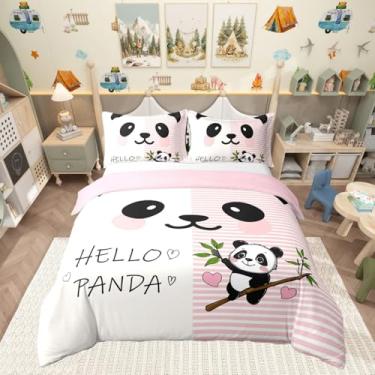 Imagem de Manfei Jogo de cama Queen Size 100% algodão, fofo, panda fofo, animal selvagem, crianças, adolescentes, rosa, branco, listras, edredom macio, sem edredom