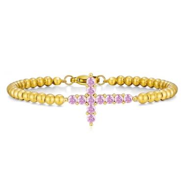 Imagem de Pulseira feminina com cruz de pedra do mês de nascimento, banhada a ouro 14 k, delicada, de aço inoxidável, zircônia cúbica, contas de fé, ajustável, moderna, joia de presente, Large, Aço inoxidável
